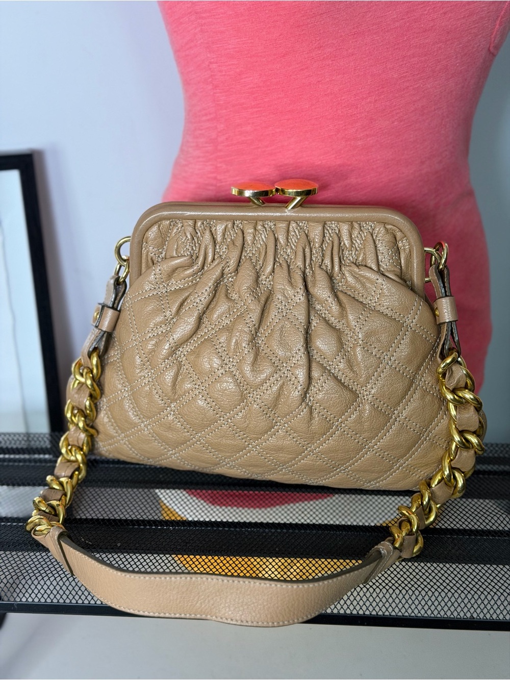 Marc Jacobs Little Stam Quilted Leather Kiss Lock Chain Shoulder Bag Taupe